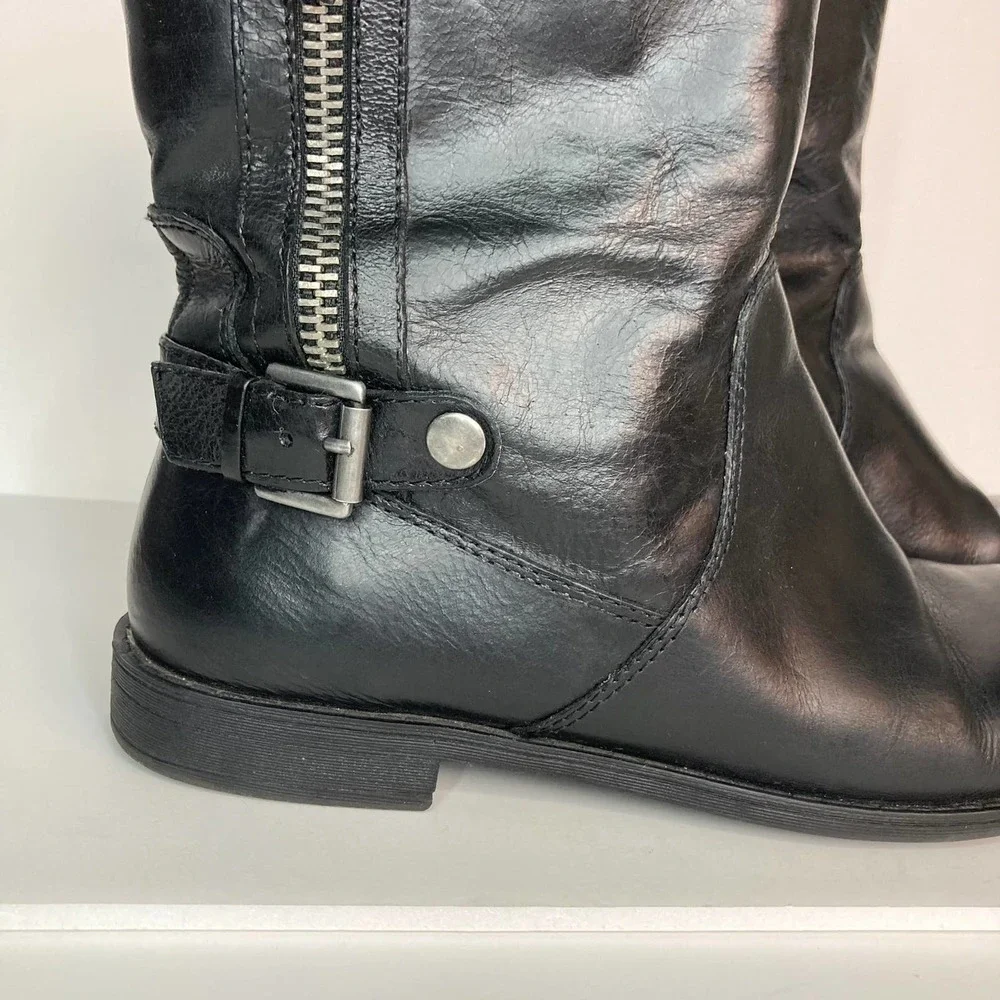 Nine West Black Leather Moto Style Biker Boots Women's Size 8M Buckle Zipper - Picture 2 of 16